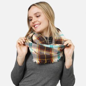 Plaid Infiniti Scarf With Fringe Hem - Brown